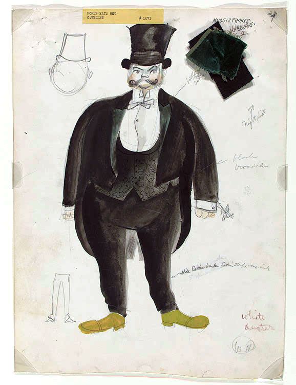 Photograph of designer Nat Karson's costume design board for Mugglethorpe in the Federal Theatre Project production of Horse Eats Hat at Maxine Elliott Theatre. WPA Federal Theatre Project in NY. Project 891. Photograph, Federal Theatre Project. 1936
Library of Congress.
