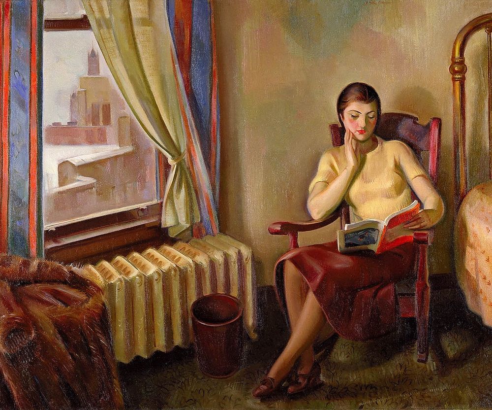 ‘The warmth from the radiator is almost palpable ..., contrasting with the snowy city seen through the window. The distinctive blue-tiled tower of the American Furniture Mart identifies the setting as Chicago, where ... Johnson & his wife ... came to attend an exhibition of the artist’s work shortly after they had wed in New York in December 1931. The artist lovingly portrayed his beautiful young wife reading in their hotel room. The warm browns, yellows, & oranges raise the visual temperature, heightened further by hot touches of red in the drapery & in Mrs. Johnson’s lips, cheeks, magazine, & chair. A heavy fur coat laid to dry by the radiator shows that Mrs. Johnson has recently come in to escape the frigid winds from Lake Michigan. ... In 1937 & 1939 Johnson returned to Chicago to fulfill commissions from the Treasury Section of Fine Arts for historical murals in the Morgan Park & Oak Park Post Offices.’
https://www.flickr.com/photos/americanartmuseum/3313966973/in/pool-1934/

