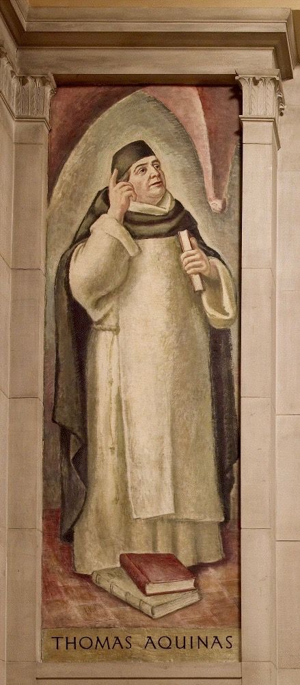 ‘Thomas Aquinas (1225-1274) - Thomas Aquinas was an Italian philosopher, theologian, and Dominican friar. Through the writing of almost eighty works, he attempted to resolve the conflict between faith and intellect. His Treatise on Law recognized four types of law—eternal, natural, human, and divine—with a special interest in the relationship between human nature and morality. Ultimately, the Treatise on Law helped form the basis for Catholic canon law. In a church-like setting, Aquinas in his priestly habit gestures to heaven with his right hand under a vaulted ceiling while holding a bible in his left.’
https://www.gsa.gov/fine-arts#/artist/114 
