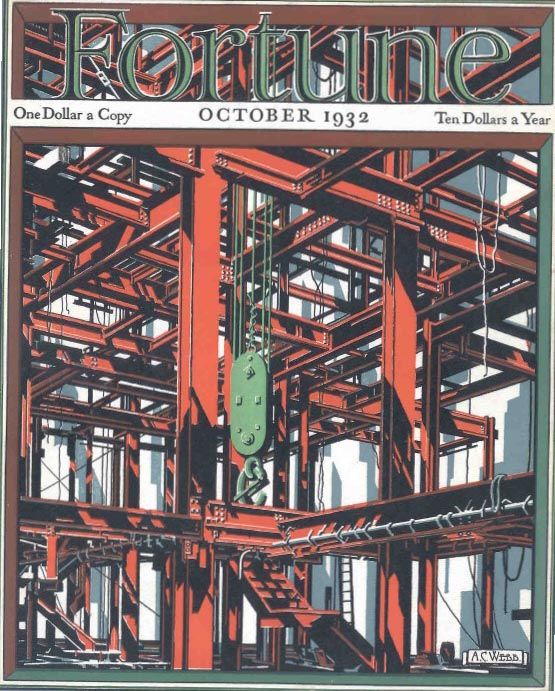 ‘Alonzo C. Webb (1888-1975) was an American etcher, architect, painter and illustrator born in Nashville, Tennessee. From 1907 to 1909, he attended the Art Institute of Chicago. From 1912 to 1913 he studied architecture at the University of Illinois. He later attended the Art Students League of New York and worked with Dan Barber, a New York architect. Around 1920, he started etching and his work began appearing frequently in the French weekly L’Illustration. During the 1920s and 1930s Webb lived and worked in both France and the United States. In the late 1930s he moved to London, where he died in 1975.’
Image, and words quoted, from https://poulwebb.blogspot.com/2021/01/fortune-magazine-part-1.html 
