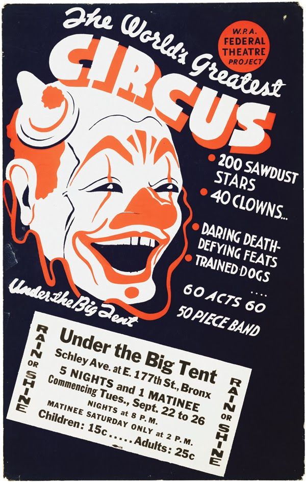 ‘The World’s Greatest Circus / Under the Big Tent. - 200 Sawdust Stars - 40 Clowns... - Daring Death-defying Feats - Trained Dogs - 60 Acts 60 - 50 Piece Band’ 1936. Silkscreen poster, printed by the Poster Division, #WPA #FederalTheatreProject #WPAcircus
Federal Theatre, New York City. Music Division, Library of Congress, Washington, D.C.
http://gugeo.blogspot.it/2013/11/the-wpa-circus-trapeze-burt-lancaster.html 20.2.20