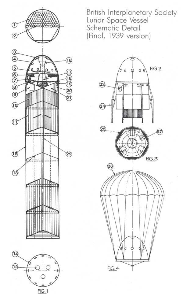 image from https://io9.gizmodo.com/the-union-jack-on-the-moon-1262867212
'...the booster consisted of 2,490 [powder] rockets, which were shed as soon as they were exhausted. Thus, a kind of 'infinite' staging was used to compensate for the very low specific impulse of the motors. The hexagonal booster was 6 meters in diameter & 32 meters long, with a lift-off mass of 1112 metric tons. Launch was from a flooded caisson in a high-altitude lake near the equator. The one metric ton spacecraft delivered a crew of three to the lunar surface... Following re-entry in the earth's atmosphere, a parachute was used for final descent. Oddly, heating during ascent through the atmosphere was seen as a real problem, while re-entry on return was considered trivial... Therefore, a jettisonable ceramic shield protected the spacecraft from heating...during ascent, while no heat shield was considered necessary for return.' 
http://www.astronautix.com/b/bislunarlander.html
