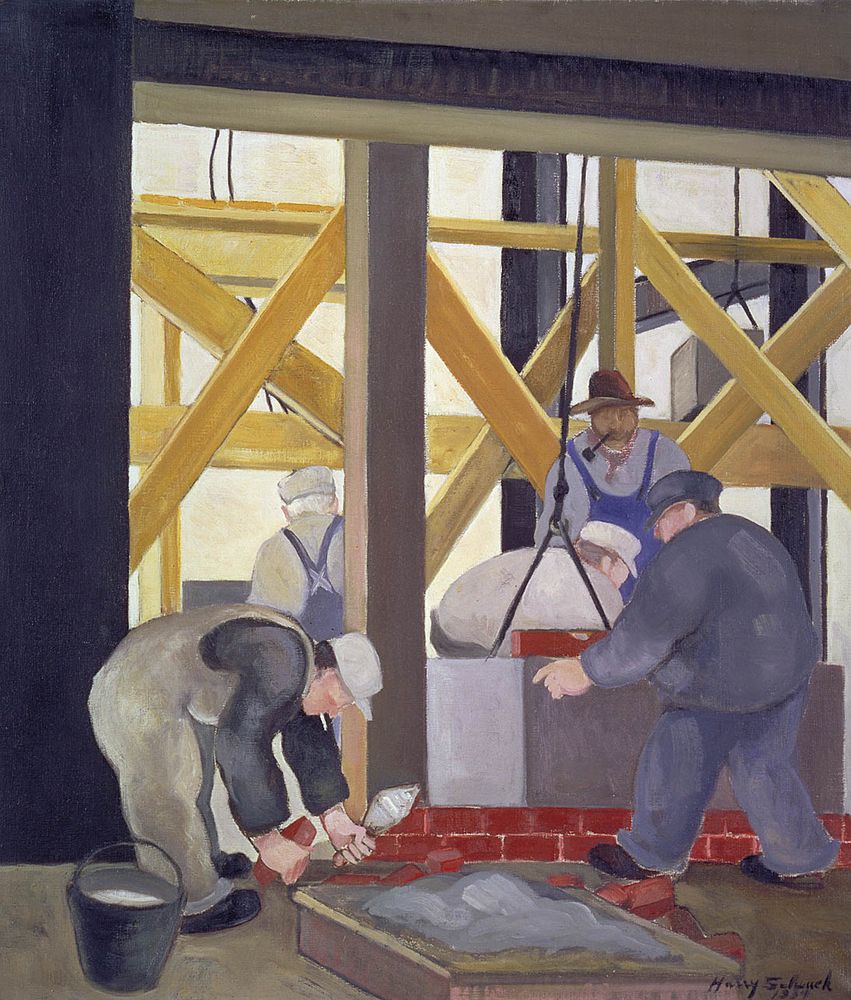 ‘Artist Harry Scheuch painted the Cathedral of Learning twice for the PWAP. The first image is a close-up view of the masons at work, while this second painting is a more distant view that reveals the horde of workers involved. Together the two paintings tell the story of this mighty undertaking. The forty-two-story structure was not substantially completed until 1937, and some interior work continued for decades after that. Like the Empire State Building and the Golden Gate Bridge, the Cathedral of Learning demonstrated that the Great Depression could not stop Americans from accomplishing great things.’
2 images and words quoted from https://www.flickr.com/photos/americanartmuseum/3314830802/in/pool-1934/
