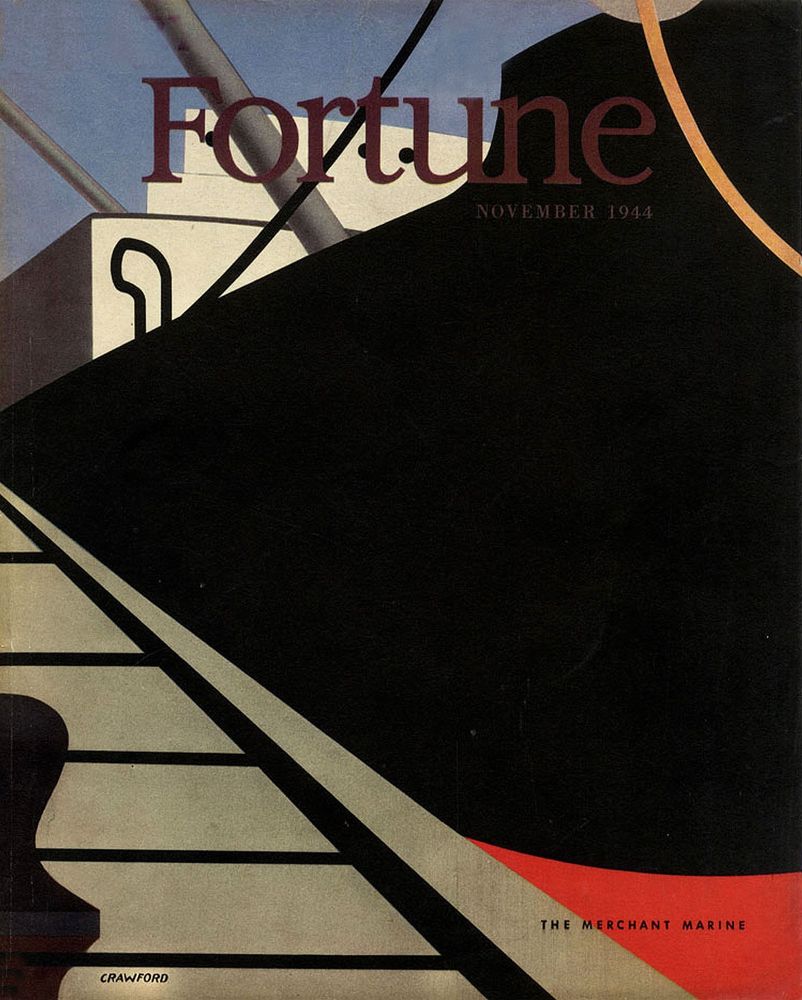 image from https://poulwebb.blogspot.com/2021/01/fortune-magazine-part-3.html 
‘Ralston Crawford (1906-1978) was born in St. Catherines, Ontario. He studied art beginning in 1927 in California at the Otis Art Institute. After working at the Walt Disney Studio, he returned to the eastern U.S. for further study at the Pennsylvania Academy of the Fine Arts, and at the Barnes Foundation, where he was exposed to the art of Picasso and Matisse. In 1934, he had his first one-man showing at the Maryland Institute college of Art. Crawford was best known for his abstract representations of urban life and industry. His early work placed him with Precisionist artists like Niles Spencer and Charles Sheeler.’
- https://poulwebb.blogspot.com/2021/01/fortune-magazine-part-4.html 
