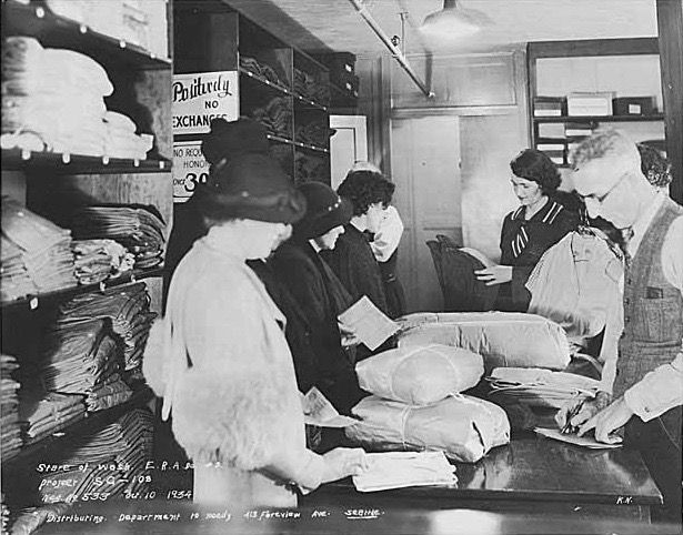 Photographer unknown. 1934.  Notes: Caption on image: State of Wash. E.R.A. Dis. #2; Proj. SG-108; Neg. No. 533, Oct. 10 1934; Distributing department to needy; 413 Fareview [sic] Ave., Seattle; K.N.
Property of MSCUA, University of Washington Libraries. Photo Coll 263
http://content.lib.washington.edu/feraweb/
