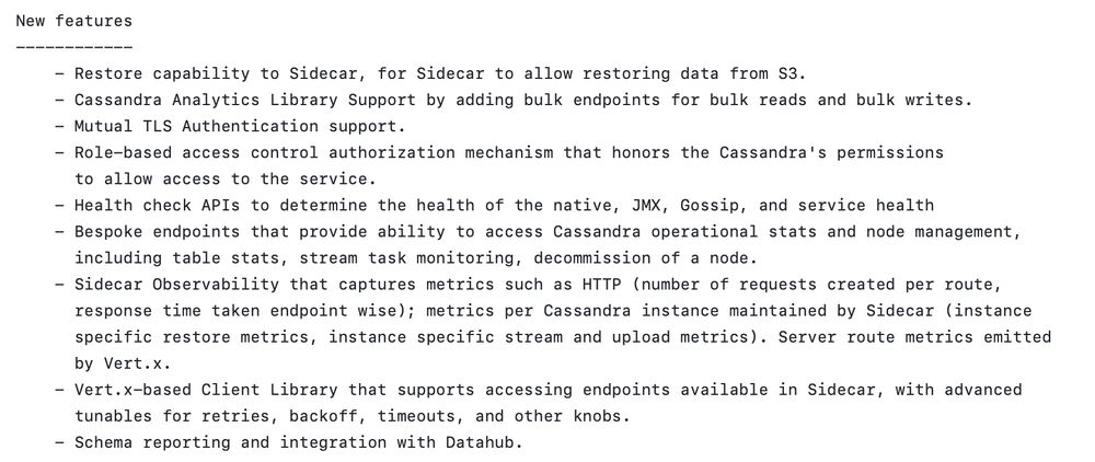 List of features in Sidecar 0.1.0