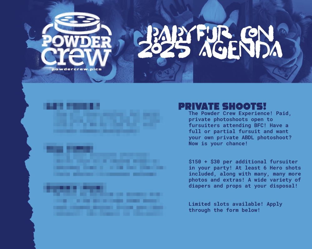 Powder Crew Babyfur Con 2025 Agenda, with some items redacted that have yet to be announced