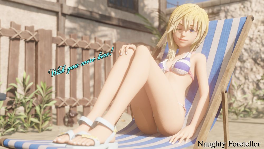 Naminé on a lounge chair at Costa del Sol. Mr. Mew is in the distance waving. What will he do next?