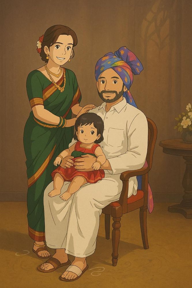 A studio ghibli style image of a couple with a young daughter all in traditional Marathi attire. 
