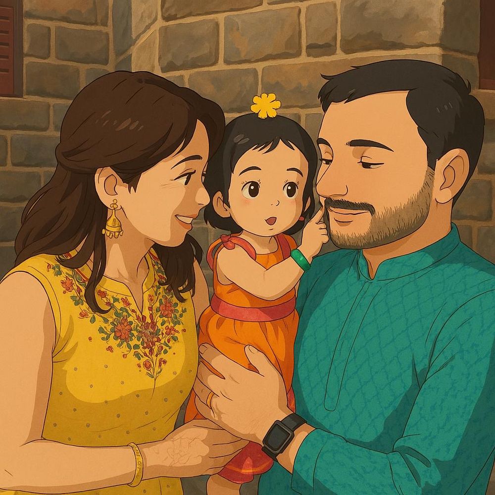 A studio ghibli style image of a couple with a young daughter