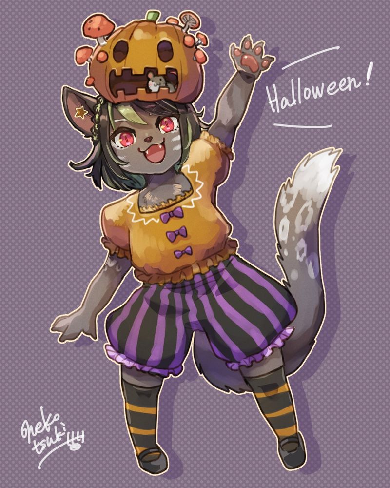 ネコタケ族のノコ（菌類＋猫獣人のセルフ受肉Vtuber）がジャックオランタンをかぶり、手を上げて挨拶しています。