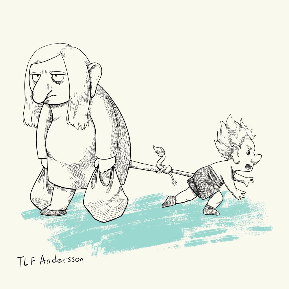 Black and white ink drawing with blue highlight on the ground. Cartoony drawing of troll mother and child. The mom is carrying shopping bags and looks tired. Her child is tied to her by their tail, and is struggling to move in the opposite direction of her.