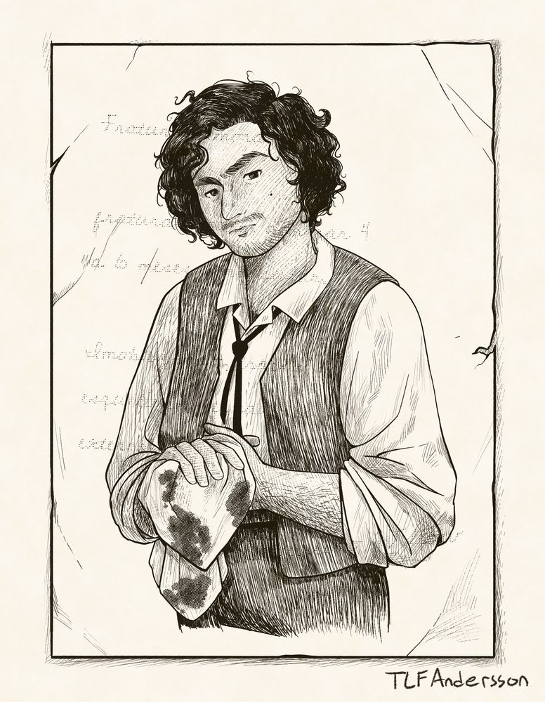 Digital black and white ink illustration of a dark skinned man with curly hair, thick eyebrows, and stubble. He’s wearing a shirt with the sleeves rolled up to the elbows and an open vest. He’s wiping his hands on a stained cloth. Fanart of the character David Martelo from the KJ Charles novel Band Sinister.
