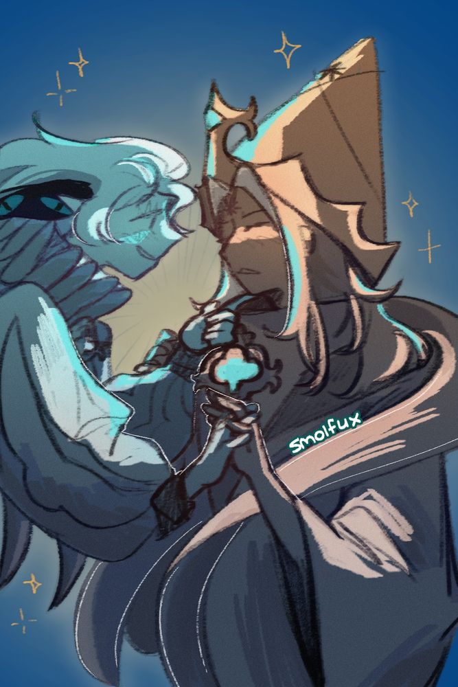 shadow milk leans towards pure vanilla with a sly smirk, while lifting his chin and intertwining fingers with him, grabbing his hand closer.