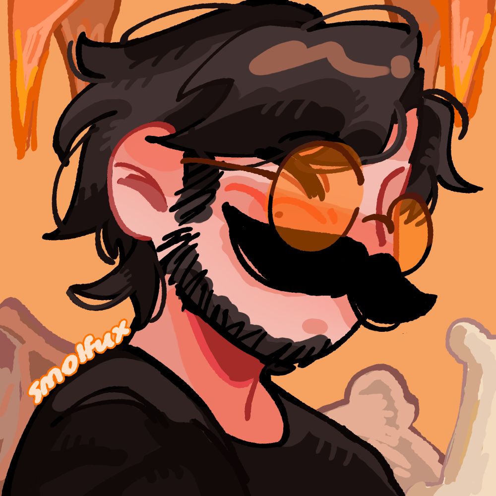 a boy with dark messy hair and a big mustache wearing a black shirt surrounded by bones and ember spikes.