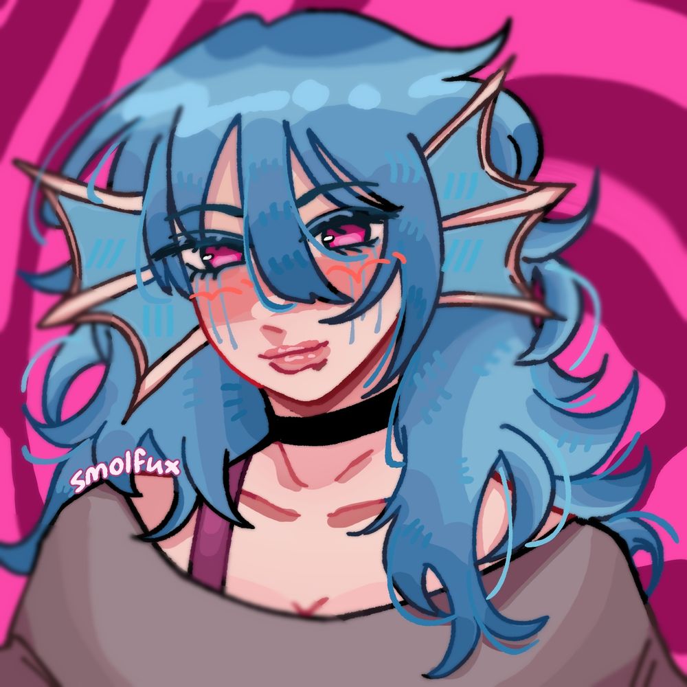 a sea-monster like girl with blue hair and eyelashes. her eyes bright pink, she wears a grayish baggy shirt and a black choker.

character belongs to ~reika00 on artfight