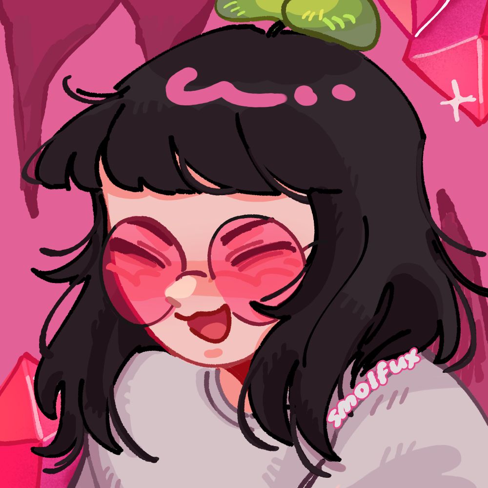 a girl with dark hair wearing a white shirt and round pink glasses surrounded by pink crystals and stone spikes.
