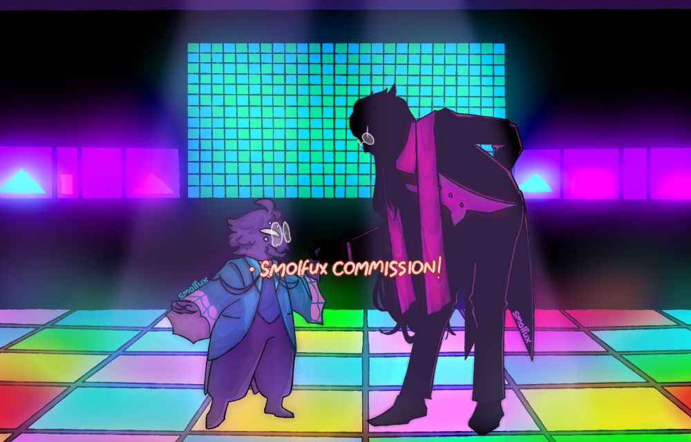 father and daughter in a disco dance floor, very colourful and vibrant. the taller figure bends to offer the smaller one a hand.
