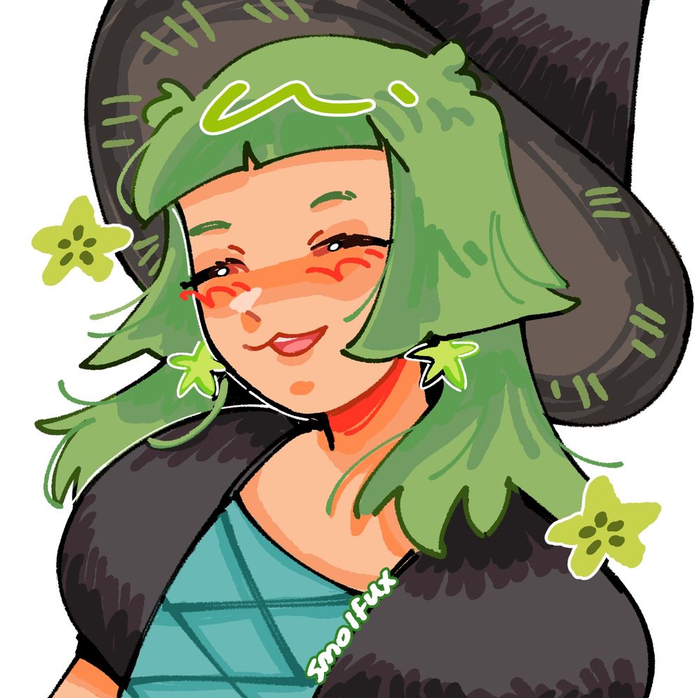 lil witch with green hair and black clothing! shes smiling softly with a tender expression

character belongs to @_eclrr_ on twitter