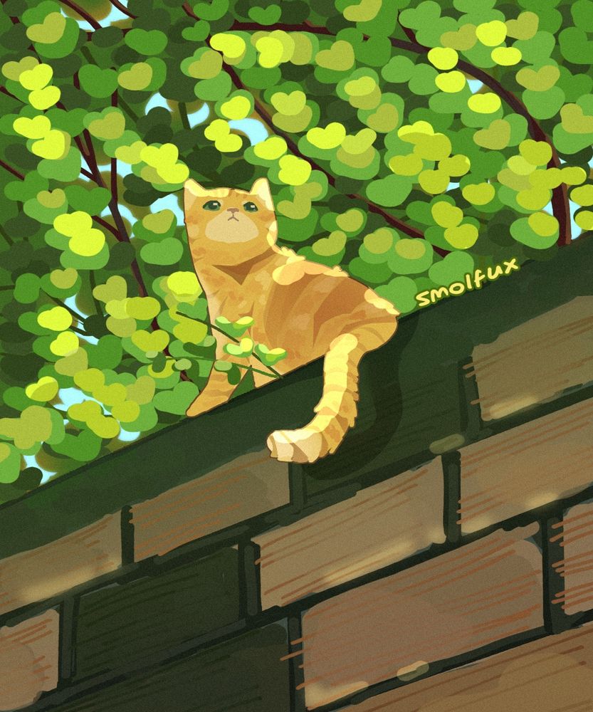 drawing of a little orange cat sitting on a bricked wall with lots of foliage behind him