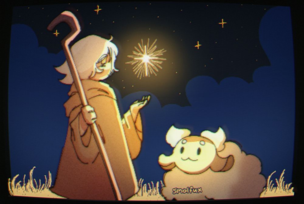 a redraw of one of pure vanilla's cutscene where he's holding a star with a sheep nearby.

the drawing has a tv filter on it.