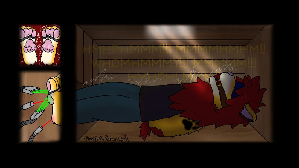Max the lion tied down inside a crate, getting his paws prepared for impending doom >;3