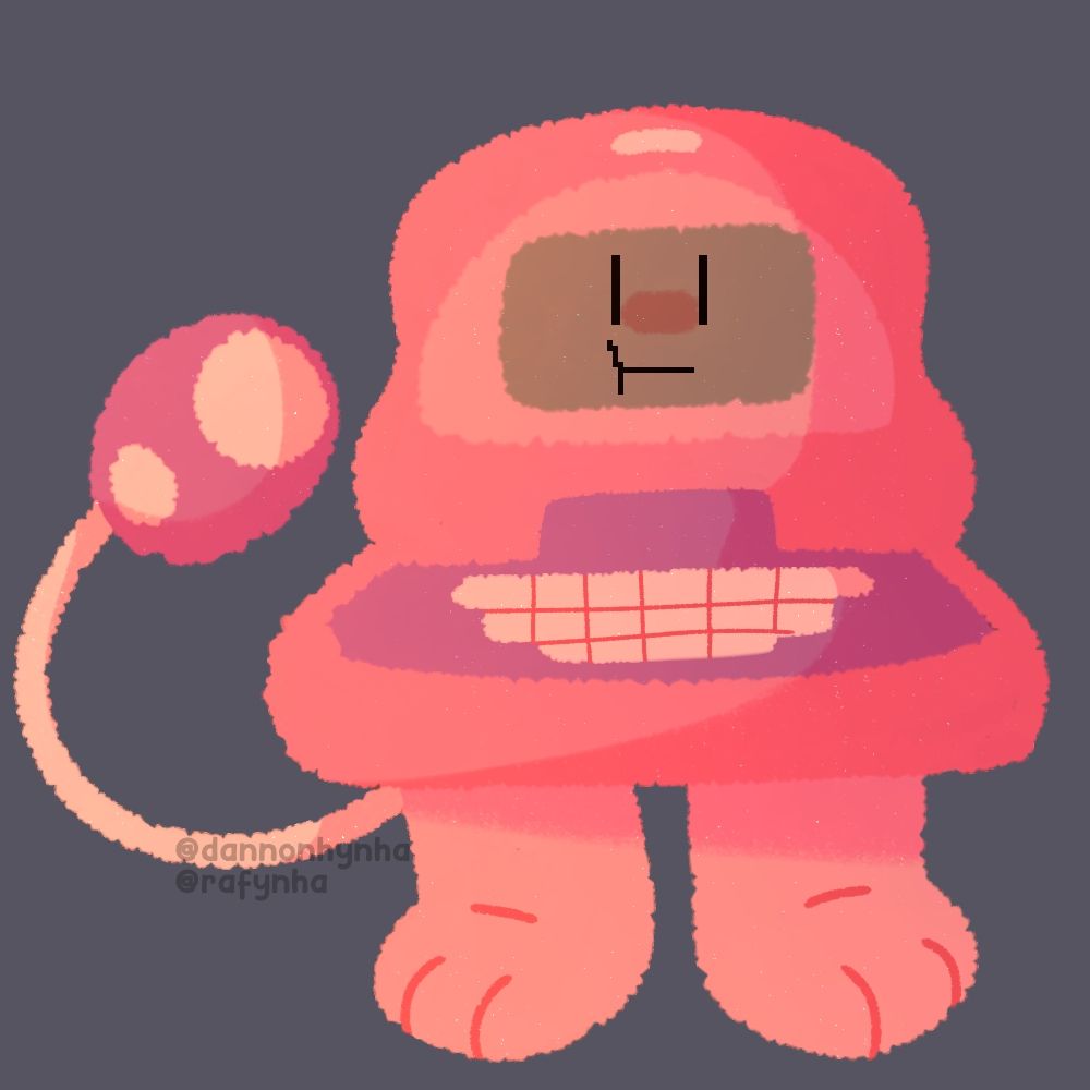 My pink/purple OC Toy Laptop stands in a void and stares at you.