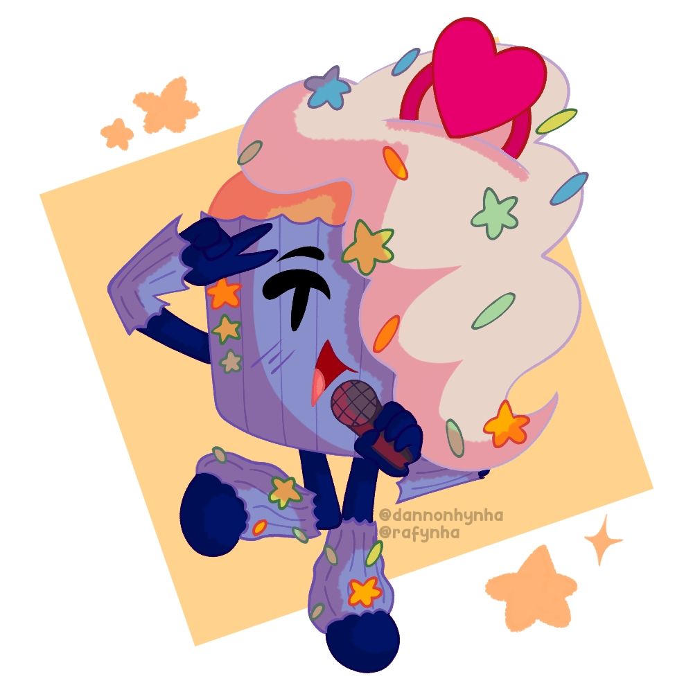 Full body of Popcake, Original Character of OSC belonging to Sacristufflover. A cupcake pop-star with a blue shape and blue limbs. With a long "hair" made of whipped cream(?) covering their right eye. There are colorful sprinkles scattered around their body, mainly in the whipped cream. He looks at the camera, posing and smiling. With a microphone near their mouth. 