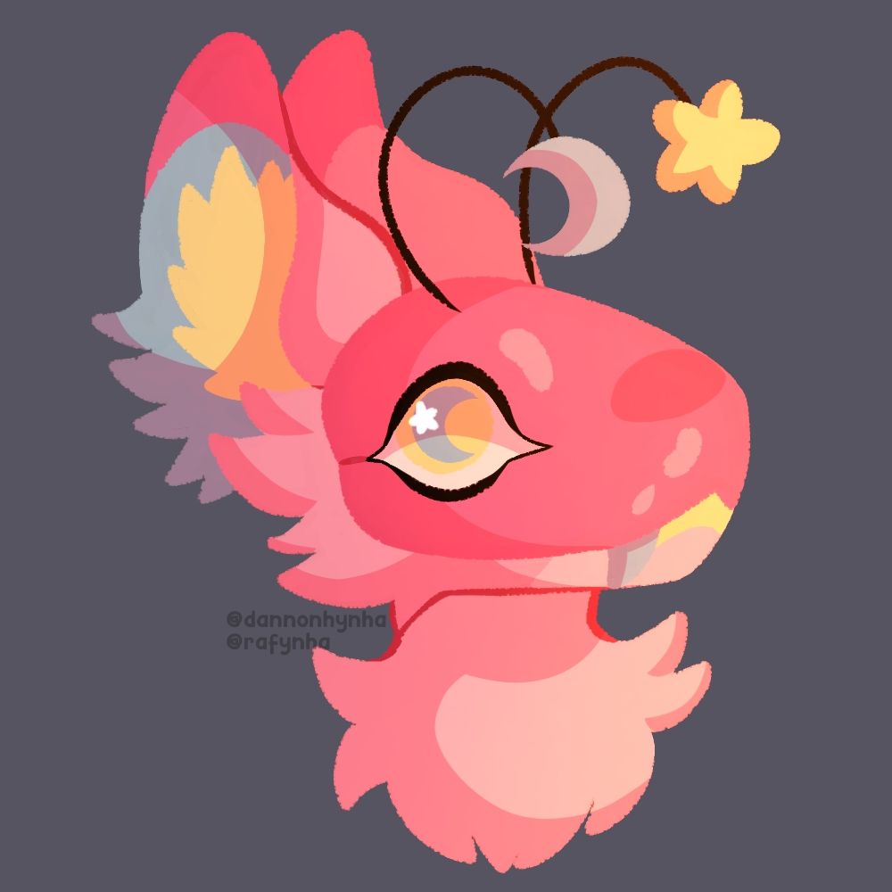 A head-shot drawing of Starburst, an original character by 6ft_turkey_tea.

Starburst is an anthro alien with a long, round snout and large, fluffy ears. She resembles a protohead. She has two antennae on her head, one with a blue crescent moon at the tip and the other with a yellow star. Her eye is yellow, and the iris is a blue crescent moon.

Her color scheme ranges from pink to yellow and blue.