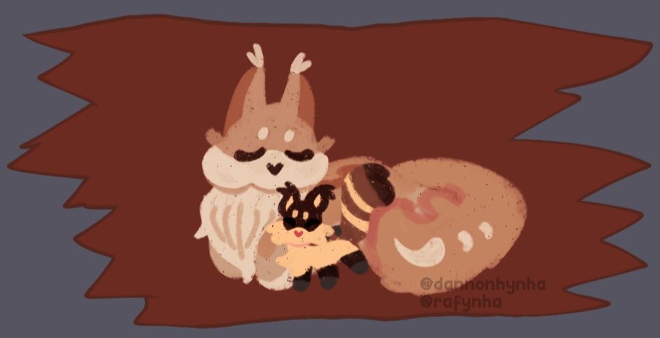 On a piece of wood there's the painting of two cats. 

The larger one is Scorpionshade. She's laying with her paws tucked beneath her. Her eyes are closed and calm and her head is directed at the little kitten by her side. 

The little kitten is Chipmunkkit. He's standing with his eyes closed in a smile. 