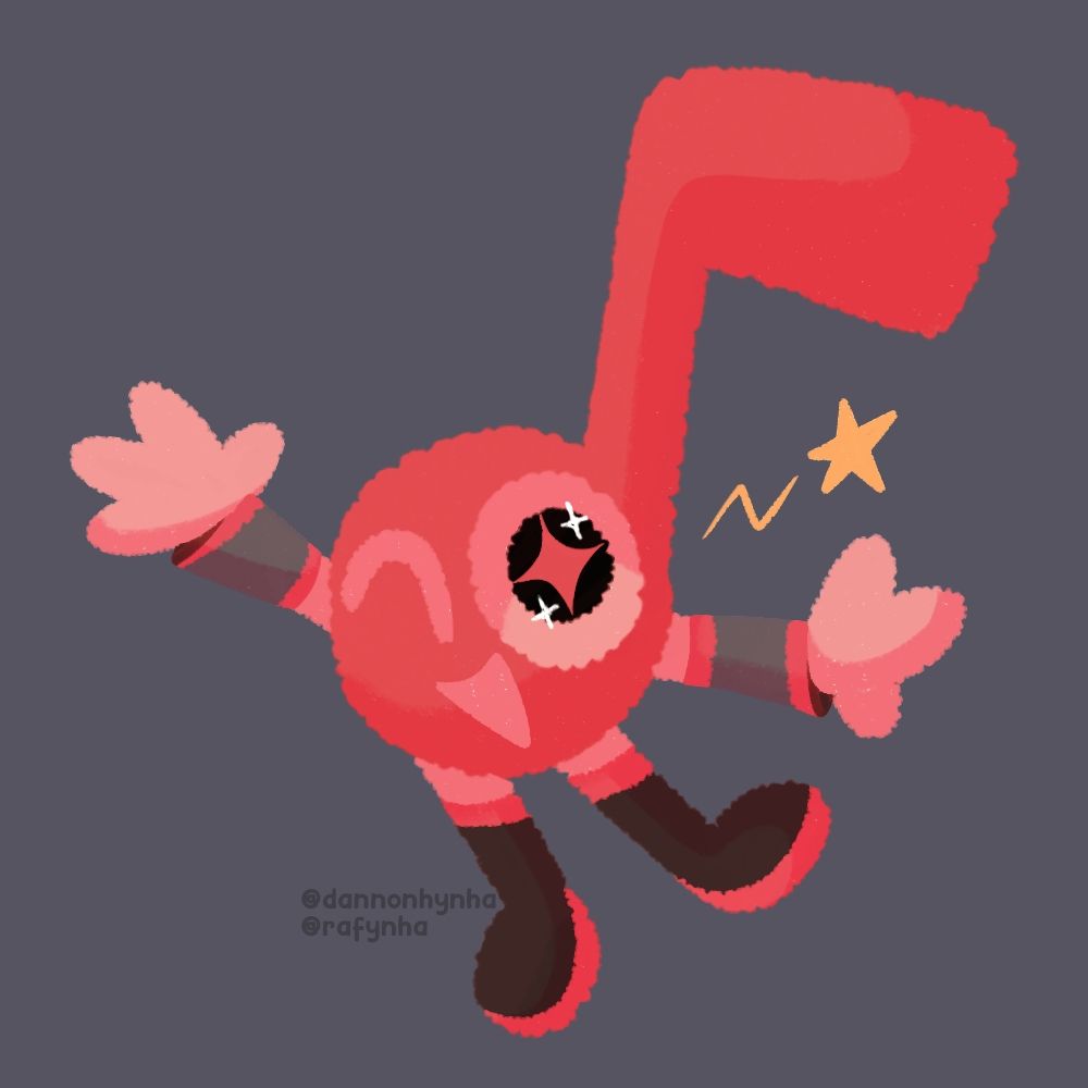 Full body of Teto but as a algebralien. She's a pink music note with pinkish arms and legs. She's looking at the viewer, waving and smiling while winking one of her eyes.