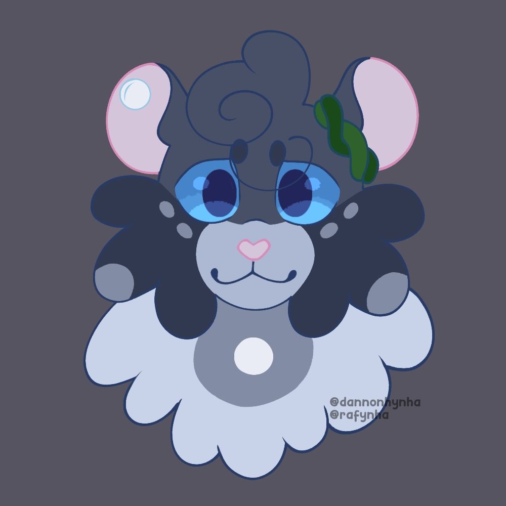A headshot of Blueberry Moon, an Original Character from NJ-Moon.

A long, fluffy, grayish-blue cat. She wears a pearl earring on her left ear and a seaweed tiara on her right. Her eyes are blue, looking directly at the viewer. She's smiling.