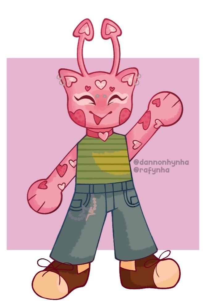 Full body art of Timakaya, a pink anthro alien creature with cat ears and long antennae with a heart on each. She's smiling with eyes closed, waving at the viewer. She's wearing a pink collar, green stripped shirt, jeans and brown shoes.