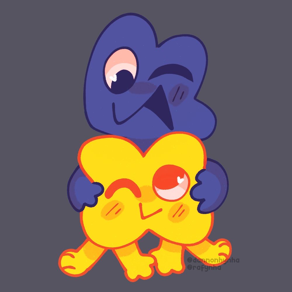 A doodle of Four and X. 

Four is hugging X from behind, smiling with his mouth open and blinking one of his eyes. 

X is sitting on the ground, he's smiling with one of his eyes closed. 

They're both looking at each other and blushing. 