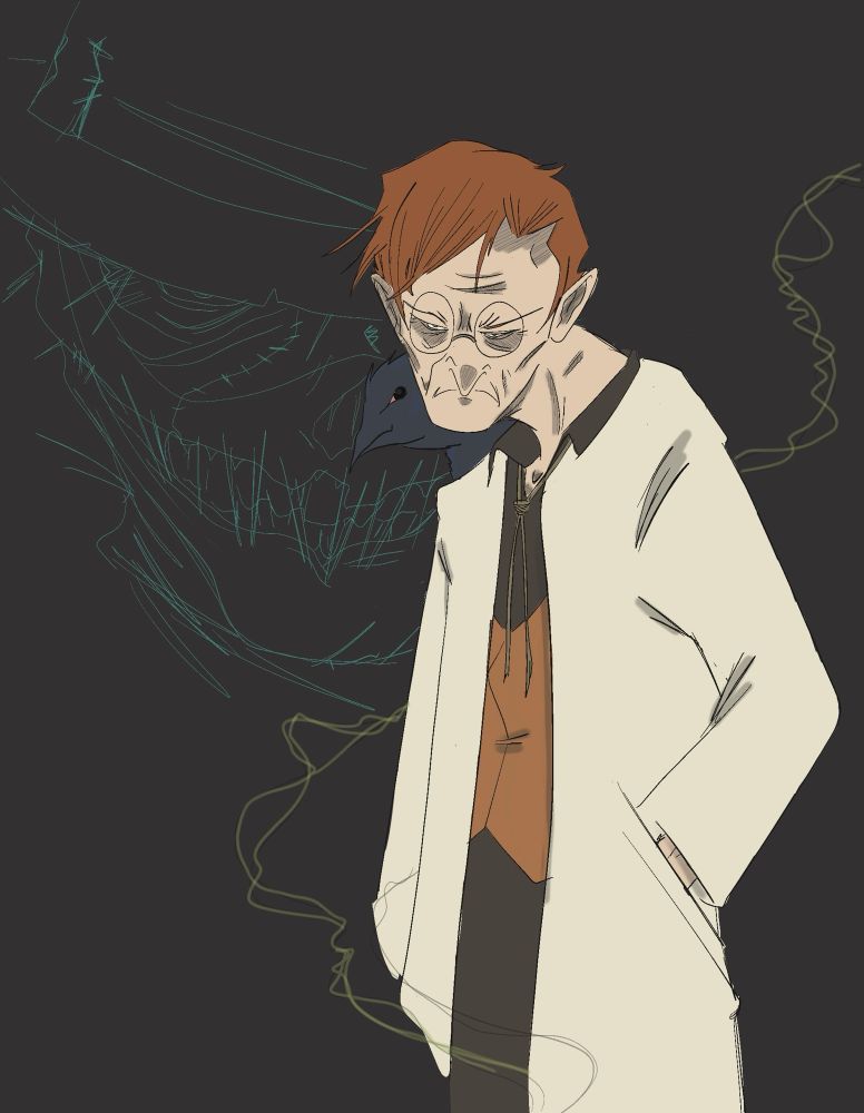 Doctor Jonathan Crane leans forward, his posture terrible as a crow perches upon his shoulder. A smoke wafts in from the bottom of the image, tinged unnaturally. In the background a sketchy visage of The Scarecrow leers at the viewer.