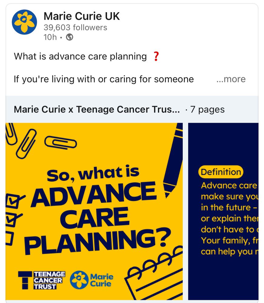 An information page in yellow with strong navy blue text that says “So, what is Advance Care Planning?”