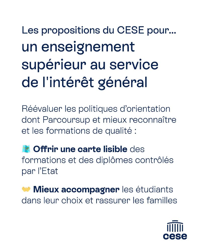 Les propositions du CESE pour... un enseignement supérieur au service de l'intérêt général

Réévaluer les politiques d’orientation dont Parcoursup et mieux reconnaître et les formations de qualité :
🗺 Offrir une carte lisible des formations et des diplômes contrôlés par l’Etat
👐 Mieux accompagner les étudiants dans leur choix et rassurer les familles