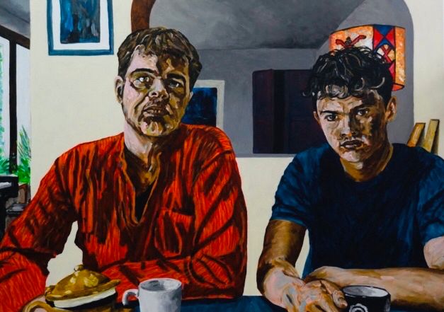Portrait de Tony F et de son fils Marius, acrylique sur toile. 
