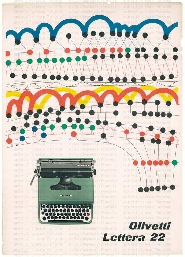 A vintage typewriter print ad depicting a photo of a typewriter and colourful graphics containing dots and lines.