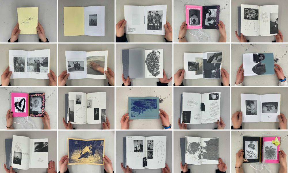 A collection of zines containing black and white images, riso prints, decorative text and paper of various colours and textures.