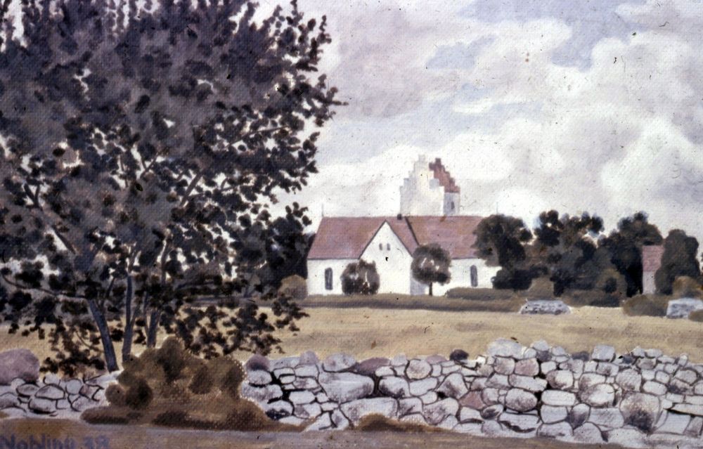 A painting on canvas with a stone wall and leafy tree in the foreground, a grassy field and white building in the midground, and a cloudy sky behind.