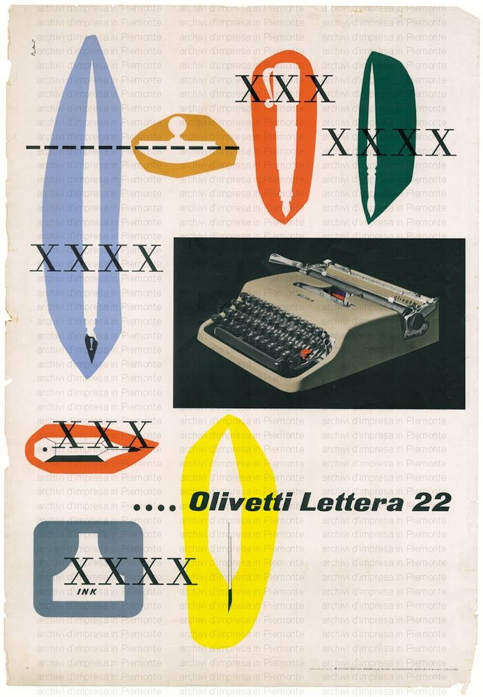 A vintage typewriter print ad depicting a photo of a typewriter and colourful graphics containing abstract shapes and serif letters.