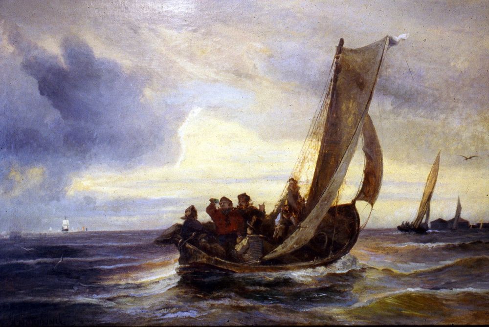 A small boat with multiple people inside, on a moody sea in front of a light-filled but cloudy sky. Other boats behind.