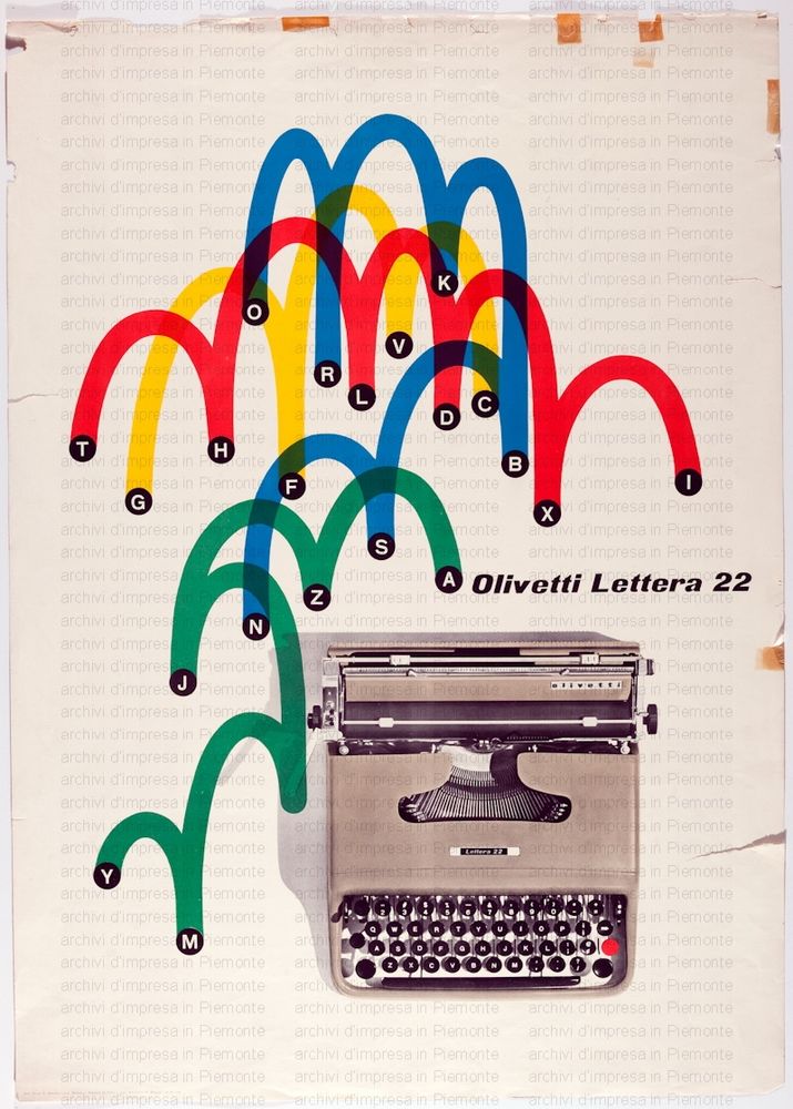 A vintage typewriter print ad depicting a photo of a typewriter and colourful graphics containing dots and lines.