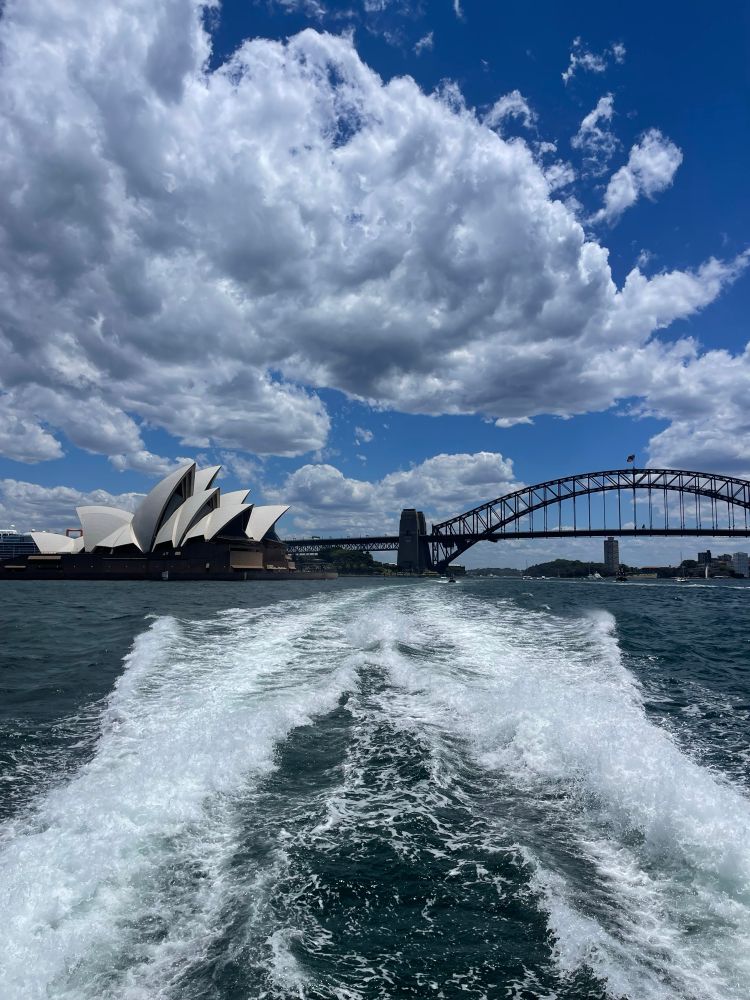 The Sydney Opera House and the Sydney Harbour Bridge seen from the back of the Watson’s Bay ferry. The sky is light blue and the clouds are fluffy white balls of delight. There’s a reason why this city’s nickname is The Emerald City, because that’s the colour of the water today (and most days)