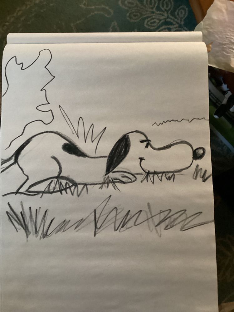 Snoopy from Peanuts is confidently hunting something unseen (it’s Linus. It’s always Linus. Snoopy needs that blankie.)