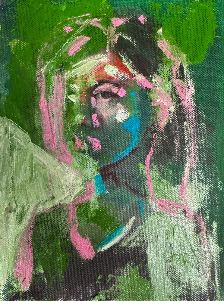 Expressionistic realism of a woman with one side of her face somewhat rendered and the other fading into the background. The oil painting is in hues of green, blue, and pops of pink 