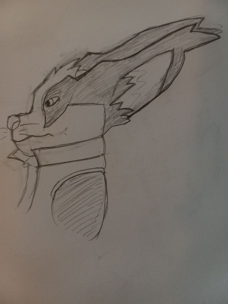 Pencil sketch of a badger based Chua Volta, with large fluffy ears sticking out behind his head. He has a slight frown and is wearing a collared jacket.