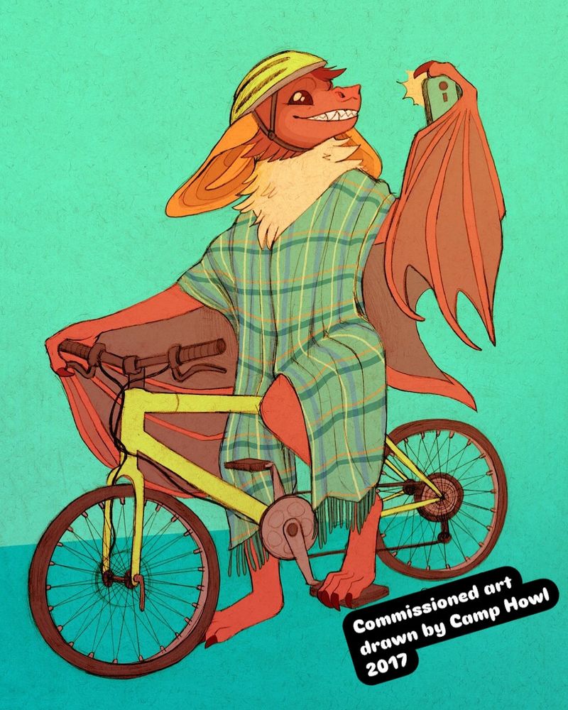 A digital art, drawing depicting an anthropomorphic pallid bat on a yellow bicycle. They are wearing a poncho, and holding a camera taking a self selfie. They look very happy and proud of their cycling.🦇 