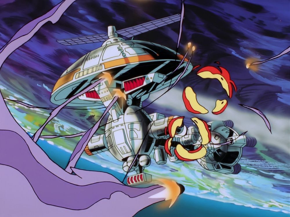 A screenshot from Round Vernian Vifam.  The training ship Janus hovers in front of a planet, battered by missiles and explosions.